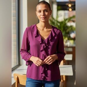 Investments Women’s Plus Size 3X Riley Purple Textured Ruffle Front Top